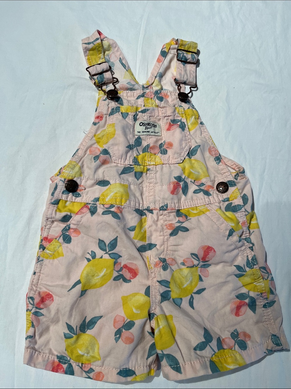 2T OshKosh B'gosh Pastel Pink Lemon-Print Short Overalls